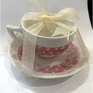 New Nantucket Home teacup set. White with pink cabbage roses.